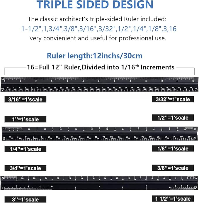 Architectural&Engineering Triangular Scale Ruler, 12 Inch Architectural Scale Ruler Set, Laser-Etched Aluminum with Stainless Steel Ruler for Architects, Students, Draftsman, Engineers (3 PCS)