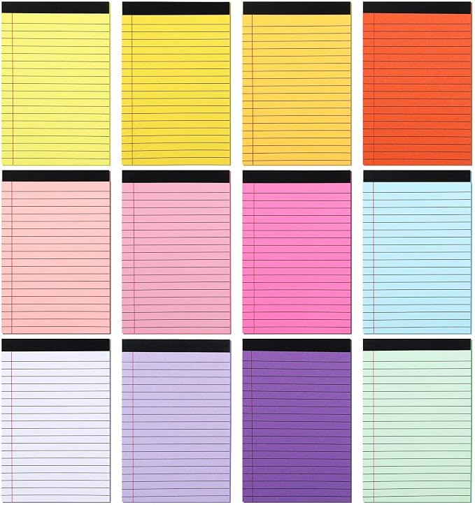 24 Pack Small Legal Pads 4x6, 12 Colors College Ruled 30 Sheets Each 80 Gsm