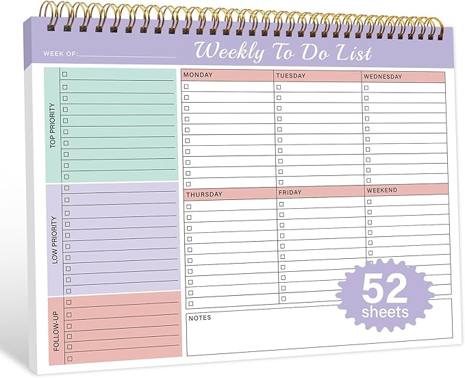 Weekly To Do List Notepad with 52 Undated Sheets（8.5"×11"）- Weekly Desk Planner Pad with Spiral Binding for Women & Man, Office, School and Home Personal Organizer