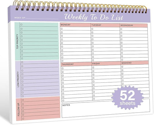 Weekly To Do List Notepad with 52 Undated Sheets（8.5"×11"）- Weekly Desk Planner Pad with Spiral Binding for Women & Man, Office, School and Home Personal Organizer