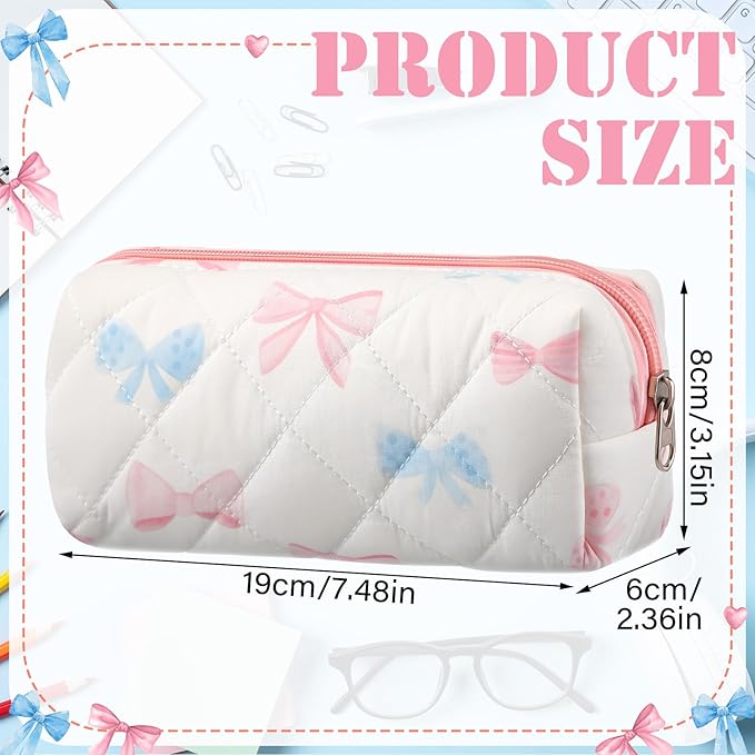 Sherr Coquette Bow Pencil Case Pink Blue Bow Cute Pencil Pouch Soft Cotton Storage Bag Aesthetic Pattern Gift Makeup Pouch Cosmetic Bag for Women Adults