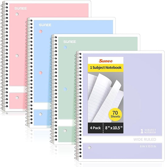 SUNEE Spiral Notebooks Wide Ruled, 1-Subject, 4 Pack, 8 x 10-1/2 in, 70 Sheets, 3-Hole Punched 70gsm Paper, Pastel Pink, Purple, Blue, Green for School, Home & Office, Writing Journal