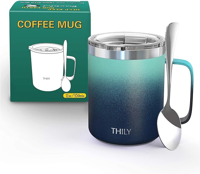 THILY Stainless Steel Insulated Travel Mug 12 oz Vacuum Insulated Coffee Cup with Handle, Spill-proof Lid, Keep Coffee Cold or Hot, for Camping or Outdoor, Green & Navy