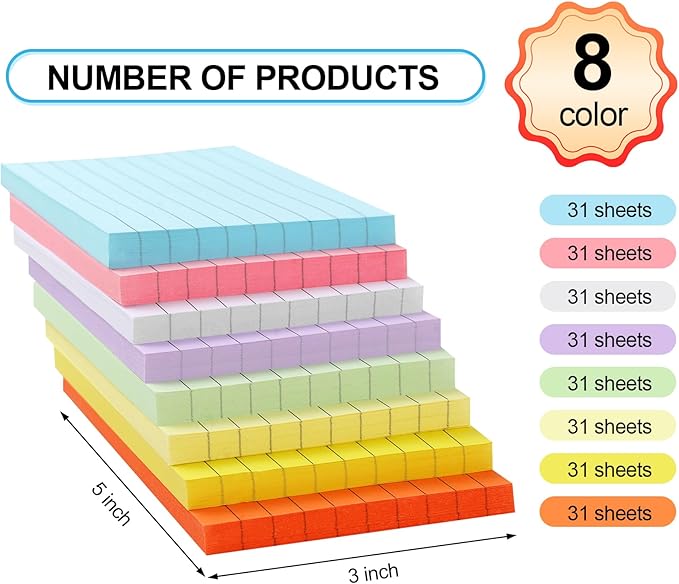Utron 248 Sheets Colored Index Cards 3x5, Double-Sided Blank Notes Flash Cards for Studying, Note Cards 3x5 Lined, Flashcards for Studying, Index Notecards for Office
