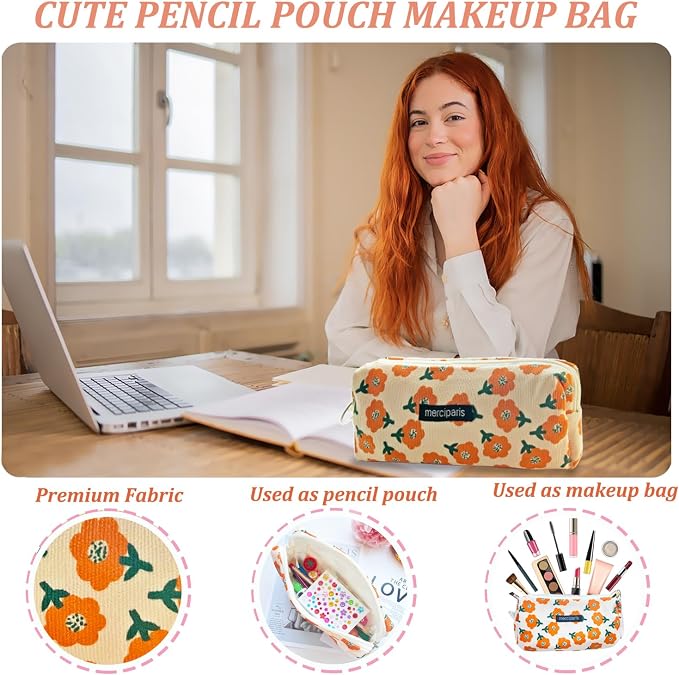 Pencil Pouch Cute Pencil Case Office Storage Bag Holder Box Organizer Aesthetic Bow Flower Pattern Makeup Pouch Cosmetic Bag for Women Girls