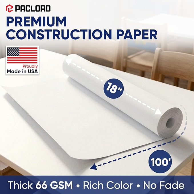 White Construction Paper Roll 18" x 100 ft – Made in USA – 18" Bulletin Board Paper for Classroom & School, Teachers & Kids