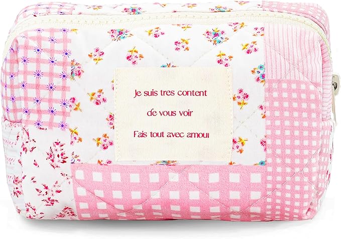 Sminra Small Quilted Makeup Pouch, Floral Cotton Cosmetic Bag for Purse, Cottagecore Zipper Pouch Organizer for Daily Essentials, Soft Mini Toiletry Pouch, Pink Floral-S