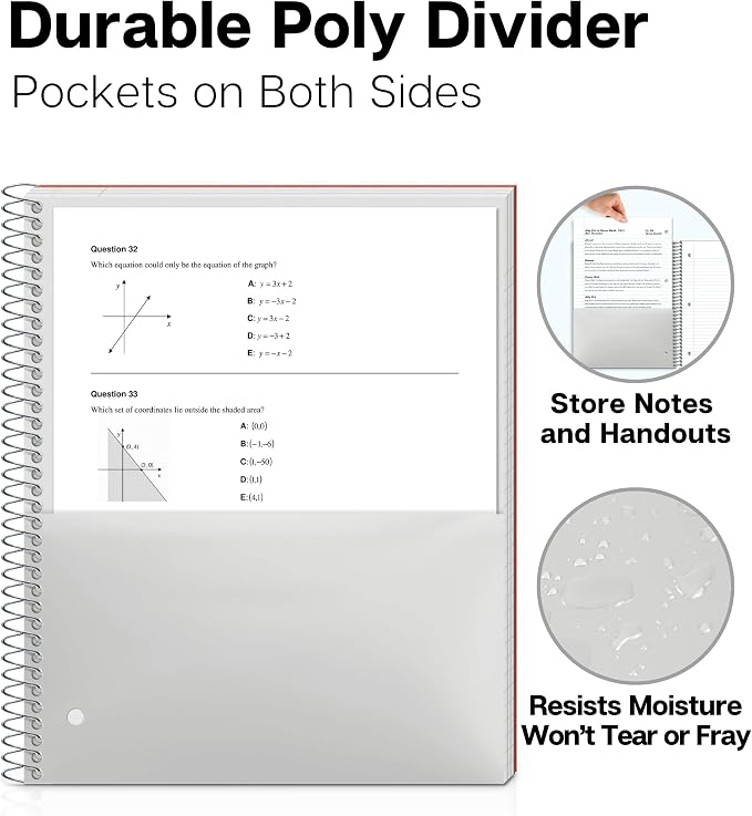 Dunwell 3 Subject Notebook College Ruled (Red), 150 Sheets (300 Pages), Spiral Notebook 8.5 x 11, Plastic Cover, 3 Pocket Divider Folders, 3-Hole Punched Perforated Paper