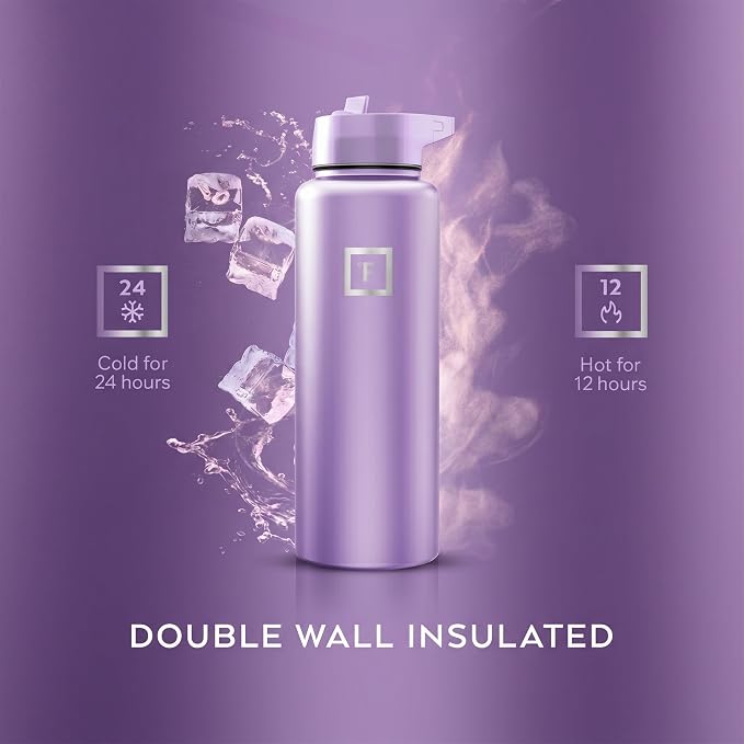 IRON °FLASK 40 oz Wide Mouth Water Bottle with Straw | Insulated Stainless Steel Sports Water Bottle with Leakproof Straw Lid - BPA Free, Cold 24 Hrs, Sweat Free (Lavender)