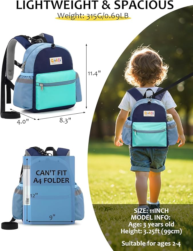 Toddler Backpack with Leash for Boys Girls Kids Kindergarten Nursery, 11” Baby Leash Backpack with Reflective, Toddler Bookbag with Anti-Lost Harness for Walking, Mint Blue