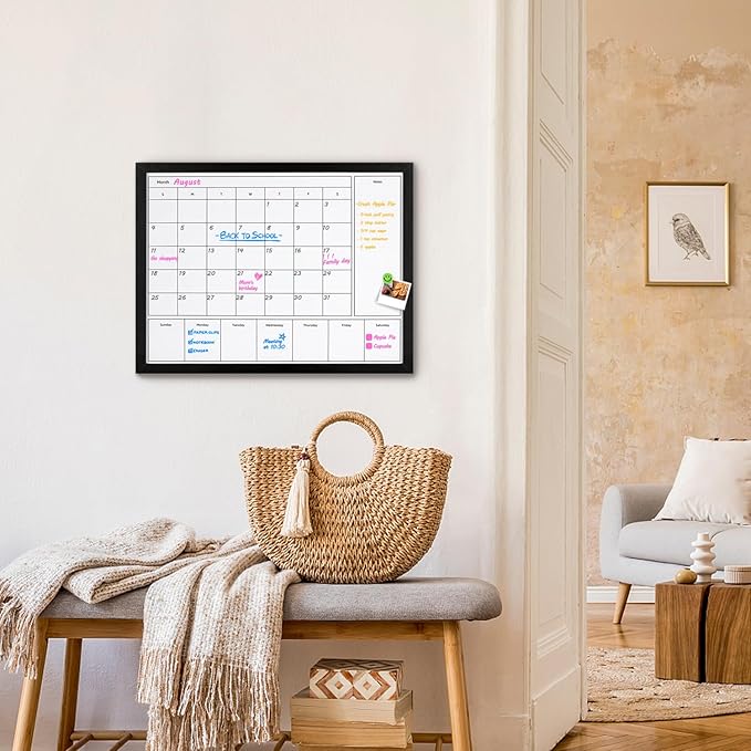 3-in-1 Dry Erase Calendar for Wall, 23.6x17.7 inches Magnetic Surface Monthly & Weekly Planner Whiteboard, Dry Erase Board with Black Wood Frame, Hanging White Board Calendar(YL+ZL-BK,4560)