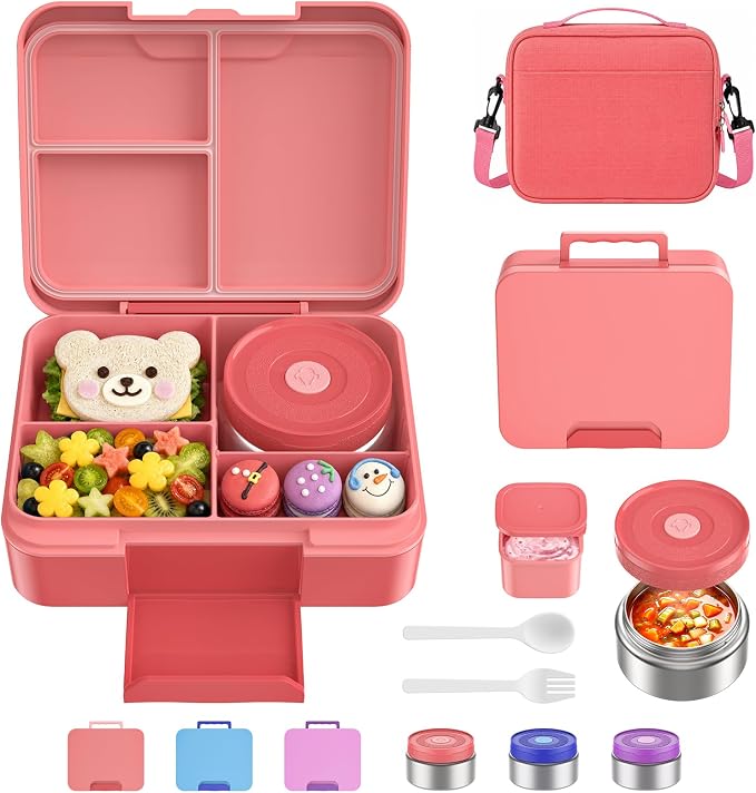 Bento Lunch Box Set for Kids with 8.5oz Hot Food Jar Leak-Proof Lunch Food Container with Insulated Lunch Bag for Toddlers Girls Boys Teens to School, Office, Picnic, Camping, Travel - Pink