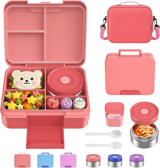 Bento Lunch Box Set for Kids with 8.5oz Hot Food Jar Leak-Proof Lunch Food Container with Insulated Lunch Bag for Toddlers Girls Boys Teens to School, Office, Picnic, Camping, Travel - Pink