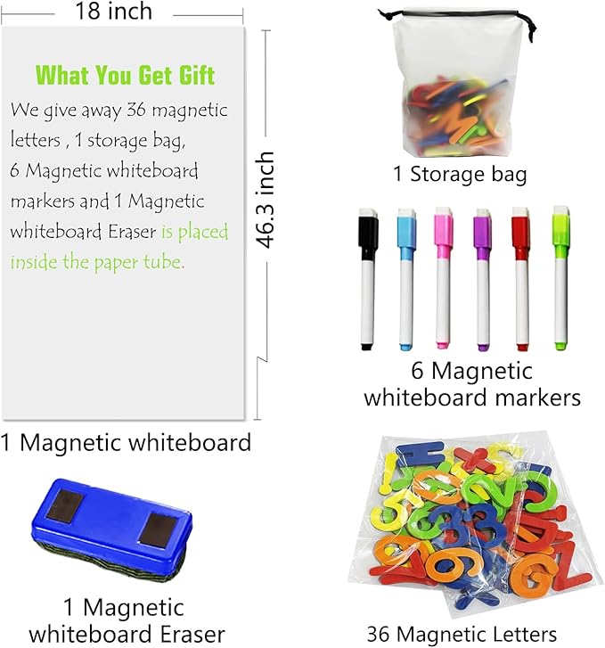 Magnetic Whiteboard Paper for Wall 46.3" x 18" Adhesive Magnetic Dry Erase White Board Sticker with 36 Magnet Letters 6 Markers for Office Removable Peel and Stick Whiteboard Wallpaper Roll