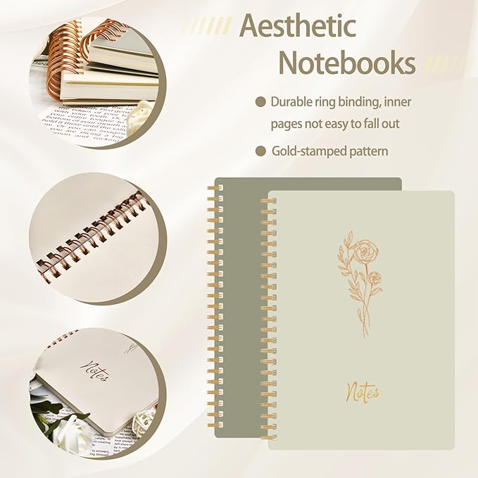 Prelady Spiral Notebooks for Women, 2 Pack College Ruled Wirebound Notebooks with Gold Floral Design, Aesthetic Journaling Notebooks for Writing, School, Work, Office Supplies (Beige/Sage)