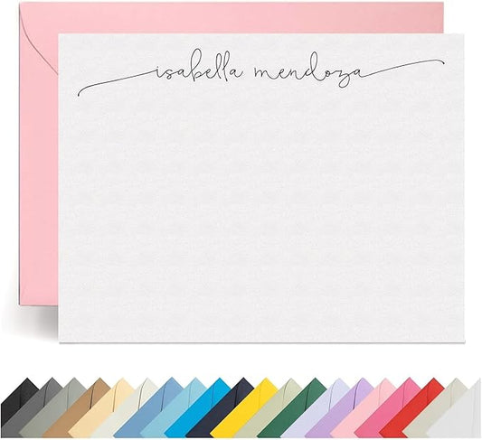 Personalized Stationery Note Cards with Envelopes – Custom Minimalist Thank You Cards, 12 Flat Note Cards & Colored Envelopes – Crush-Resistant Gift Packaging (Long Tails)