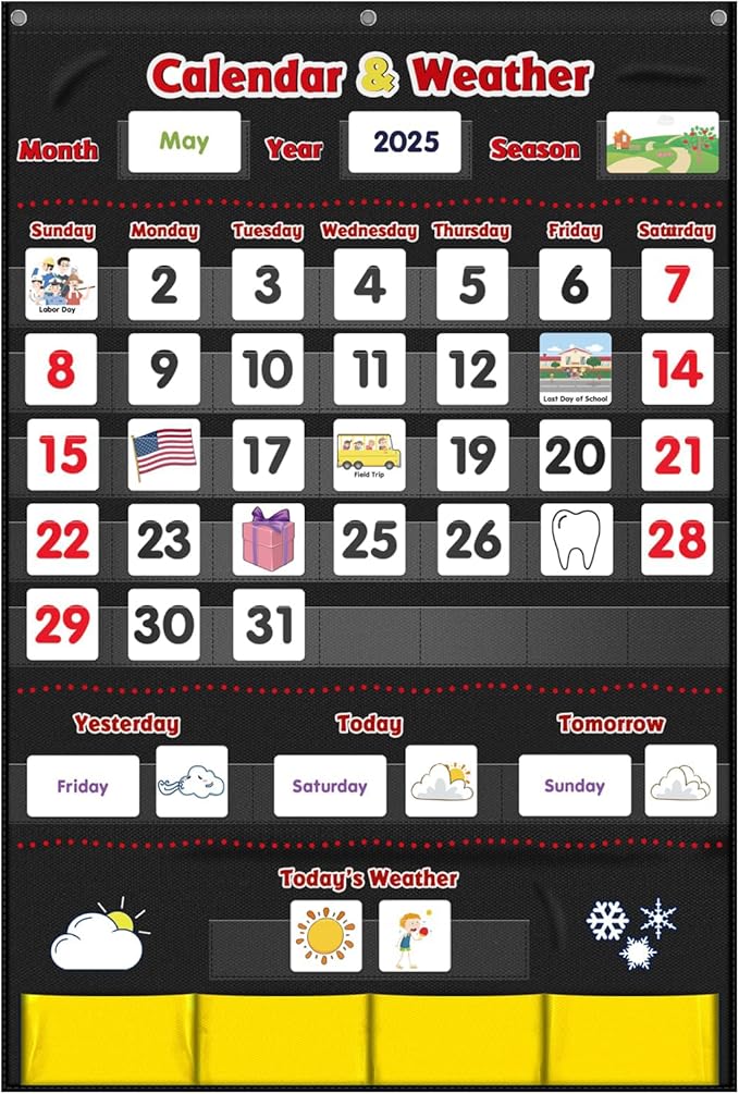 Calendar and Weather Pocket Chart, Classroom Organized Chart, 149 Pieces (Black)