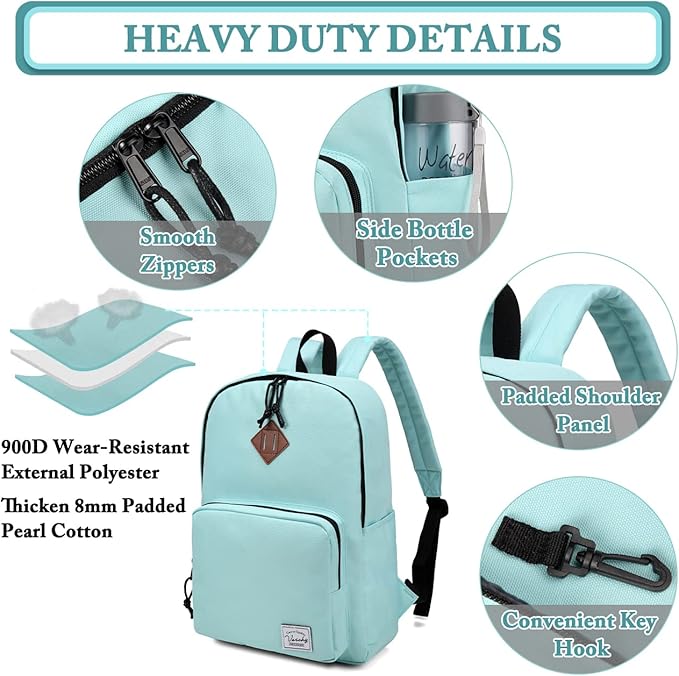 VASCHY School Backpack, Ultra Lightweight Backpack for Women Bookbag for Kids Teen Boys Girls Aqua