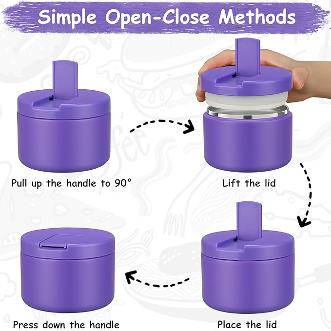 Pawtong 12oz Insulated Vacuum Food Jar with Buckle Lid Wide Mouth Soup Thermo for Hot Food Kids Leakproof Stainless Steel Lunch Container (Purple, 12OZ)