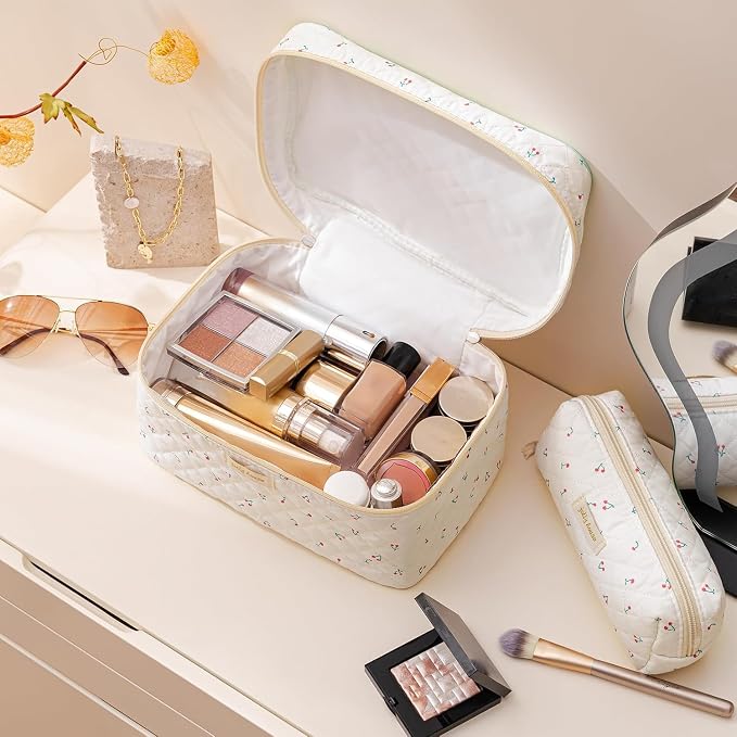 HBselect Quilted Makeup Bag, 3Pcs Cotton Large Travel Makeup Bags Organizer | Cute Floral Make up Bag Cosmetic Bag Toiletry Bag for Women Girls, Makeup Pouch for Skincare, Brushes & Travel Essentials