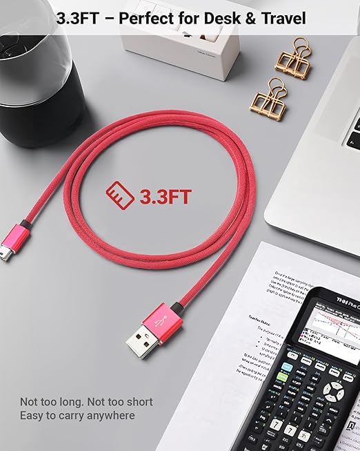 USB Power & Data Cable for TI-84 Plus CE Graphing Calculators, Mini-USB Charging Cord 3.3FT, Nylon Braided, Red