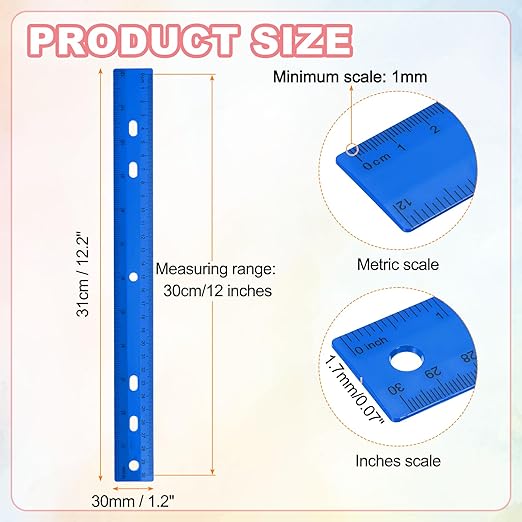 HARFINGTON 20pcs Plastic Rulers 12" (30cm) Clear Straight Ruler Measuring Tool Inches and Centimeters with Hole for Home Office Classrooms Drafting, Blue