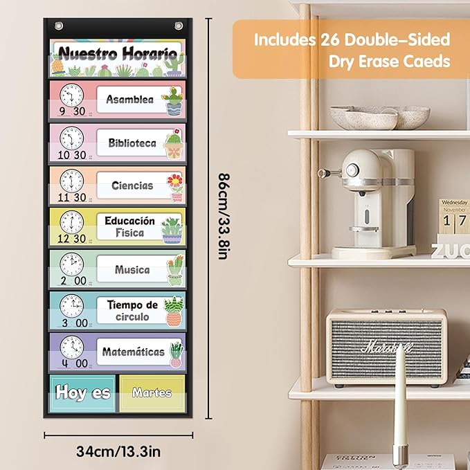 Spanish Daily Schedule Pocket Chart for Classroom- a Versatile and Engaging Tool to Help Students Stay Organized and on Track Throughout the Day (Black)