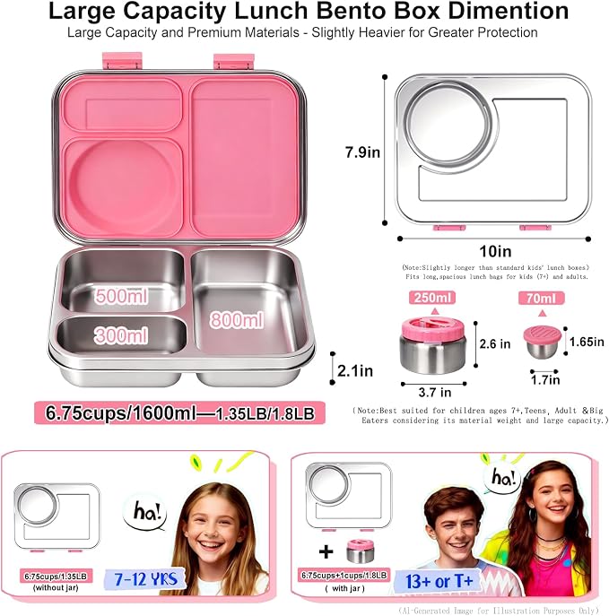 Stainless Steel Bento Lunch Box-8+ Older Kids，Teens ＆ Adult with Insulated Food Jar,Leakproof 3-Compartment,BPA-Free, Eco-Friendly,Dishwasher Safe, Large-Capacity Box, School,Office,Travel （Pink)
