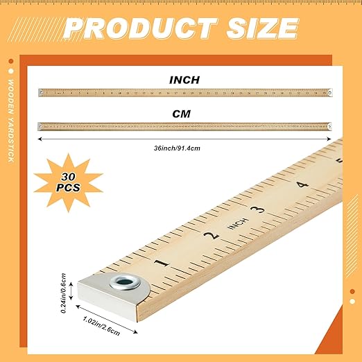 Hoteam 30 Pcs Heavy Duty Wooden Yardstick 36 Inches Natural Wood Yard Stick Ruler with Hang Hole Metal Tips 1/4-inch-thick Yardstick Ruler Metal Ends Meter Stick Clothing Measuring Home Office