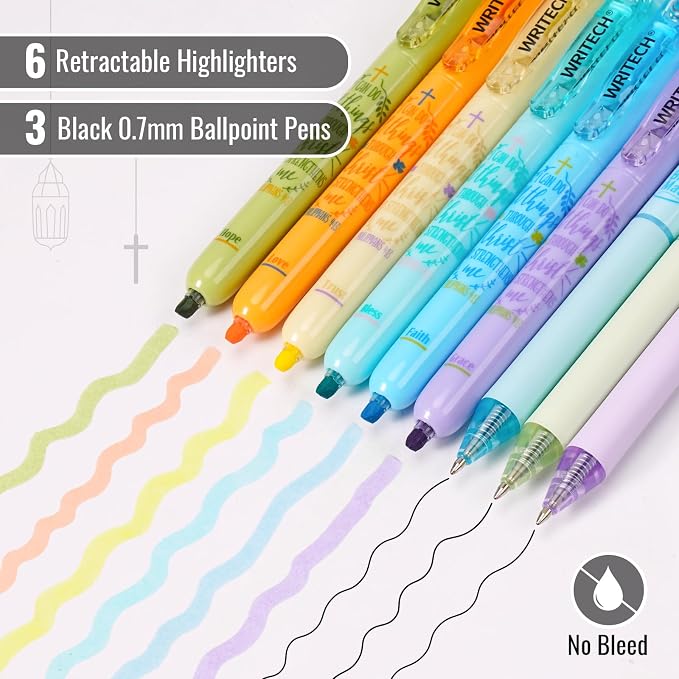 WRITECH Bible Mate Journaling Set: Highlighters & 0.7mm Ballpoint Pens 9ct | No Bleed Bible-Safe Highlighters + Black Ballpoint Pens Pastel Colors Quick Dry Ink Teachers Nurses Office