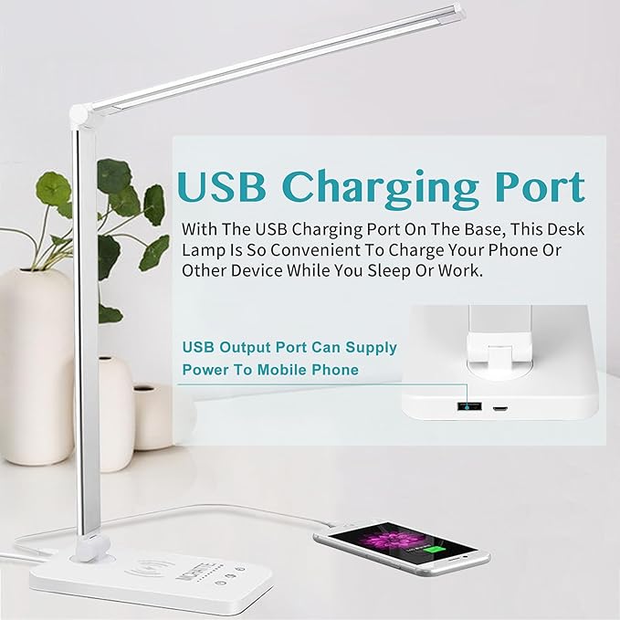 LED Desk Lamp with Wireless Charger, USB Charging Port, Dimmable Eye-Caring Desk Light with 5 Brightness Levels & 5 Lighting Modes, Touch Control, Auto Timer (White)