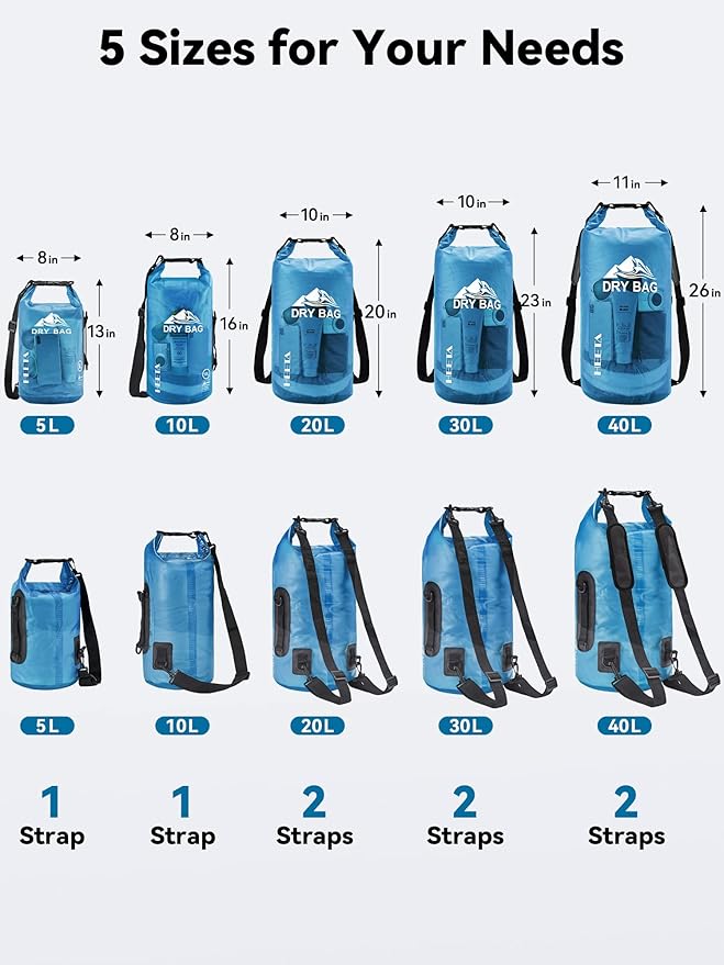 HEETA Dry Bag Waterproof Backpack with Phone Case 5L/10L/20L/30L/40L | Roll Top Lightweight Dry Storage Bag for Women Men, Travel Boating Kayaking Paddle Board Camping Beach Essentials Accessories