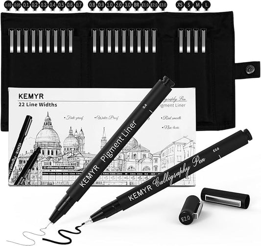 KEMYR Micro Fine liner Drawing Art Pens Calligraphy Pens: 22 Size Art supplies Waterproof Archival Black Ink Markers For Artists,Use for Professional Watercolor,Sketching,Anime,Manga,Zentangle