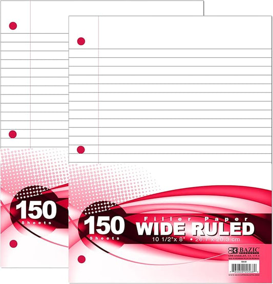 BAZIC Products Filler Paper Loose Leaf Papers 150 ?Sheet, Wide Ruled 3 Hole Punched for Ring Binders, for Office School Student Writing, 2-Pack
