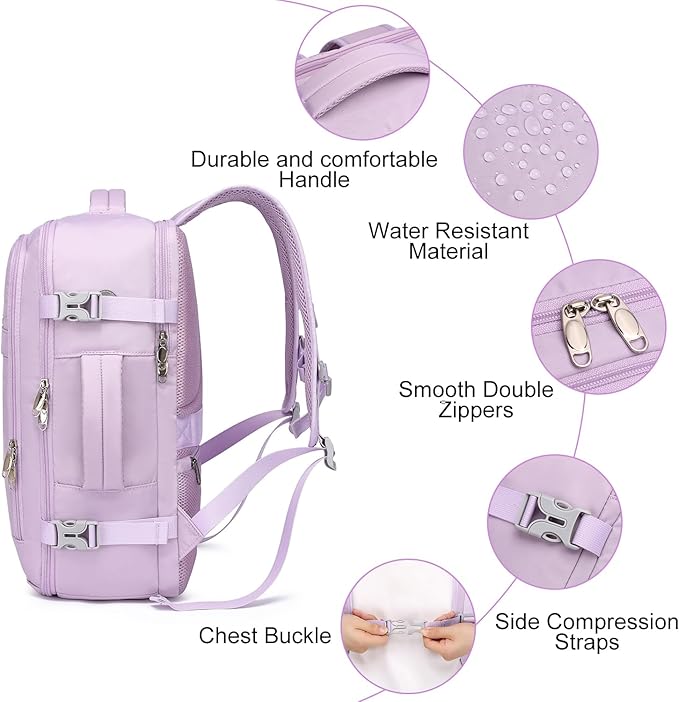 EZUOLA Travel Backpack for Women, 25L Carry On Backpack Airline Approved,Personal Item Travel Bag,Bookbag for College Essentials,Lightweight Work Back pack for Weekend Business,Gifts Purple