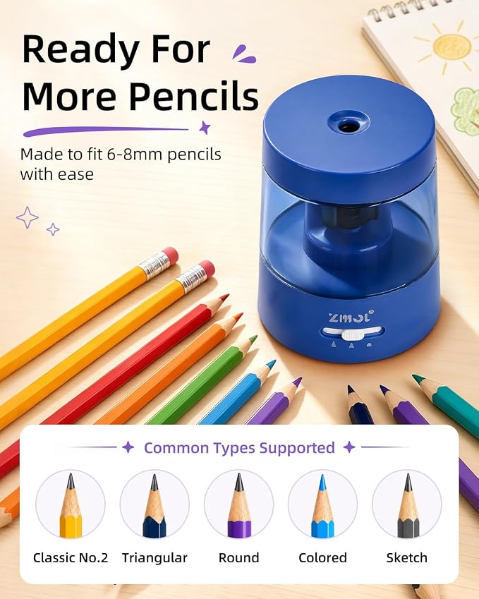ZMOL Electric Pencil Sharpener, USB or 2 AA Powered, 6-8mm, Dark Blue