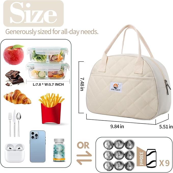 CaCTOUR Lunch Bag Women,Insulated Quilted Lunch Bag, Small Portable Cute Lunch Box,Cooler Bag Reusable Lunch Tote for Work/Travel/Picnic (Beige)
