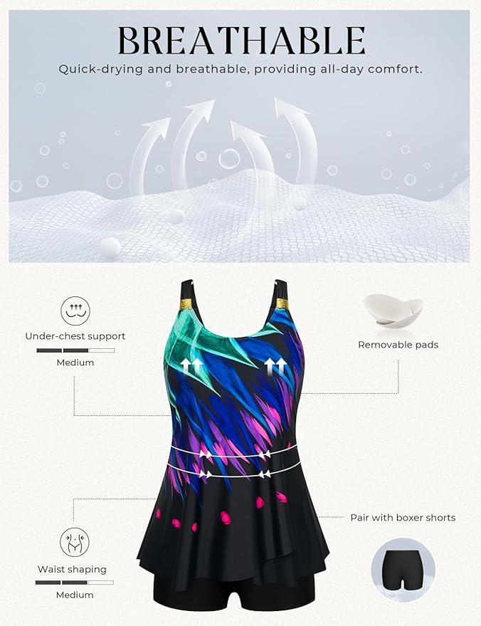 Hanna Nikole Womens Tankini Swimsuits 2 Piece Bathing Suit Flowy Ruffle Tankini Tops with Swim Shorts