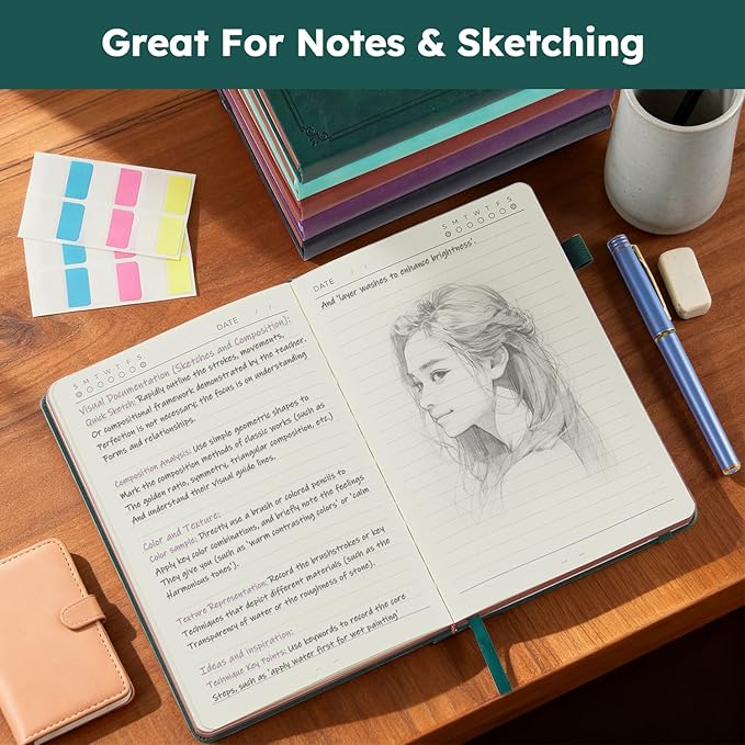 FOCUS DAY A5 Journal Notebook for Women Men, 320 Pages Lined Journaling Notebook with 100GSM Thick Paper, Hardcover Leather Note book for Work Writing Note Taking Diary, School, 5.7'' X 8.4'', Green