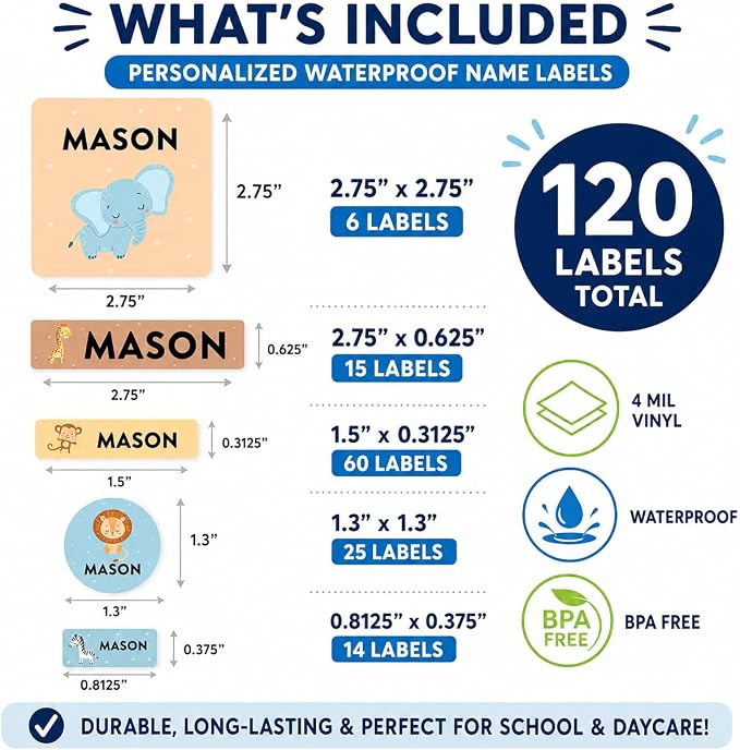 Andaz Press Custom Personalized Waterproof School Name Labels, Safari Animals, 120-Pack, Kids Labels Combo Pack, Customizable Multi-Use Name Stickers for Preschool, Daycare, Supplies, Office, Camping