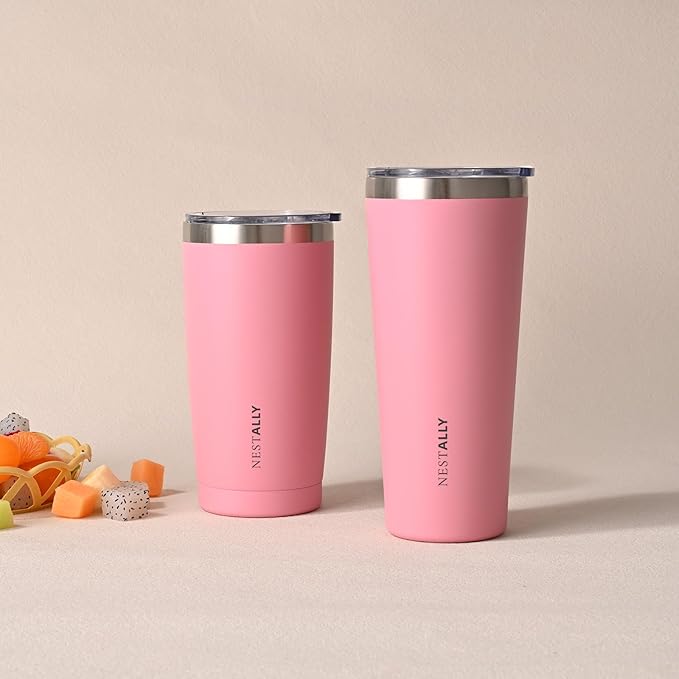 NESTALLY Coast 20oz Stainless Steel Tumbler, Extra Capacity Holds Up to 22oz, Double Wall Vacuum Insulated Travel Coffee Mug with Lid & Metal Straw, Leakproof Reusable Cup for Travel (Blush Pink)