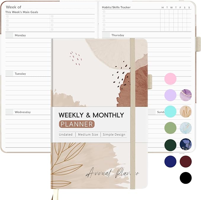 Undated Weekly Planner for 2026, Forvencer Simplified Weekly & Monthly Calendar Planner, Cute Daily Organizer Notebook, Agenda Journal to Track Goals & Tasks, Start Anytime, A5 Size, Brown Leaf