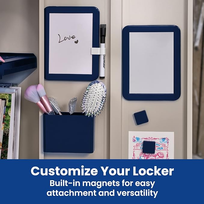 LockerMate 6-Piece Locker Organizer Kit, Includes Mirror, Whiteboard, Storage Cup & Dry Erase Marker, Navy