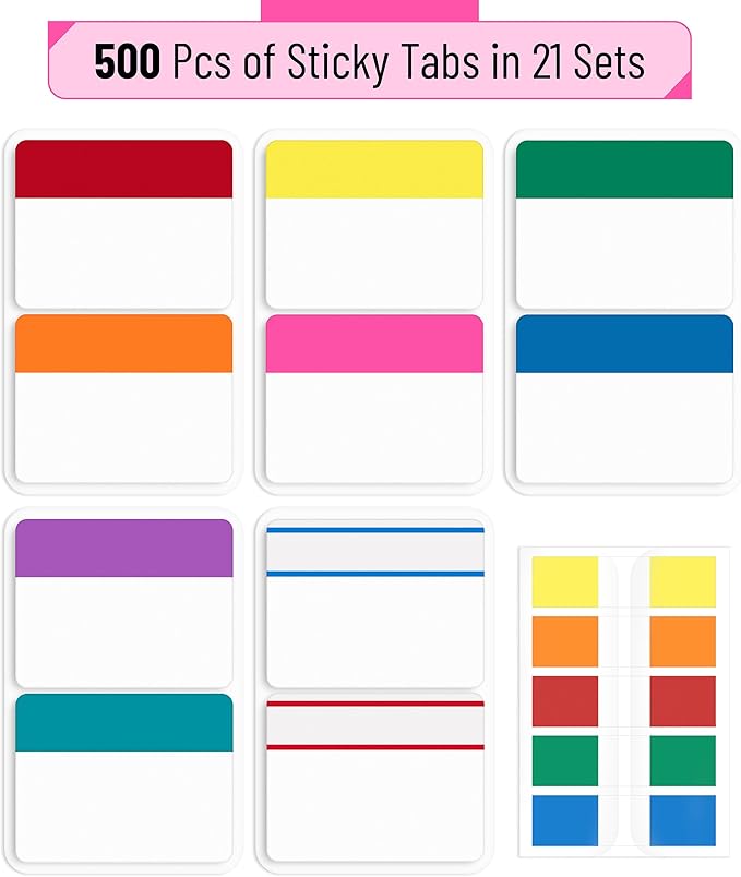 Mr. Pen- Sticky Index Tabs, 500 Pcs, 21 Sets, Vibrant, Writable Colored Pages Markers Labels for Reading Notes, Books, Binders, Notebook, Folders and Classify Files, Water-Resistant