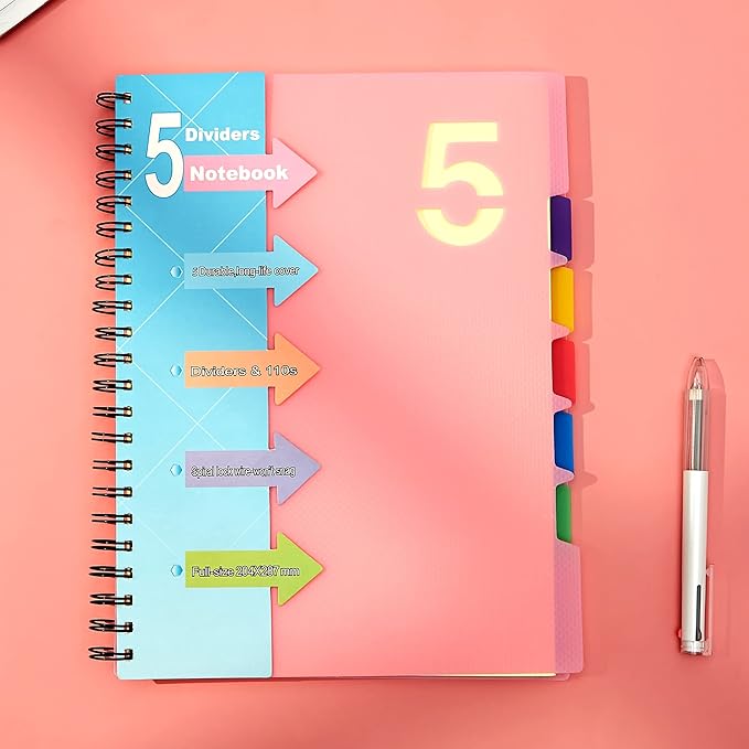 CAGIE 5 Subject Notebook 8.5 x 11，A4 Spiral Notebooks College Ruled Spiral Notebook with Dividers Tabs，220 Pages Lined Spiral Notebook for Note Taking, School, Work, Pink