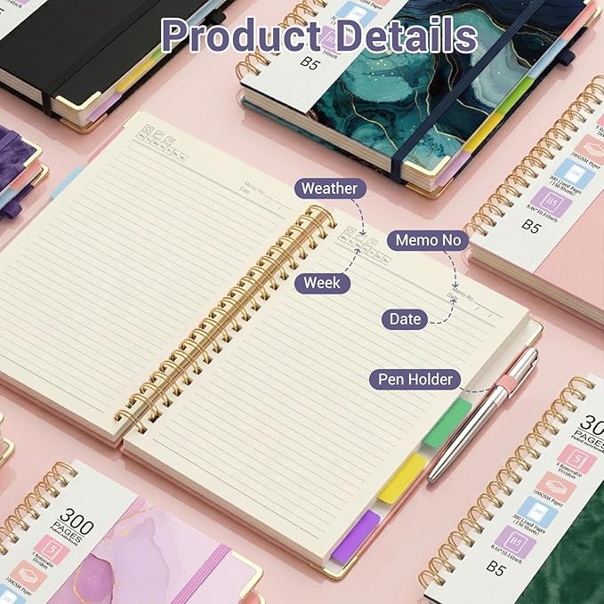 Hardcover Spiral Journal Notebook, 300 Pages 5 Subject Notebook College Ruled with Removable Dividers Tabs, 8" x 10" Notebooks for Work, Spiral Ruled Lined Writing Journal Hardcover Leather Notebook for School (Purple, 8''x 10'')