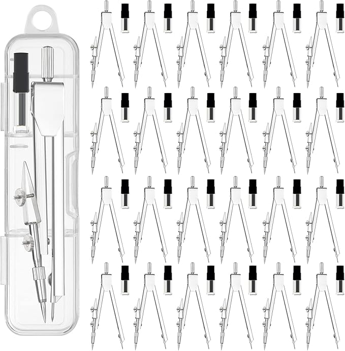 24 Pack Student Metal Compass Set for Geometry with Extra Lead Refills, Math Compass, Compass Drawing Tool, Drafting Compass for Students, Compass for Office School Supplies and Woodworking (24)