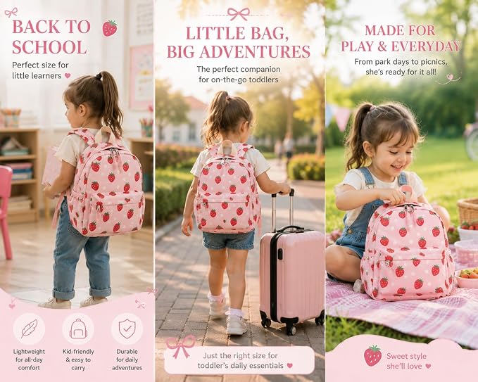 LOIDOU Toddler Backpack for Girls School Bookbags for Preschool Kindergarten Cute Backpacks (Strawberry Pink, S-12)