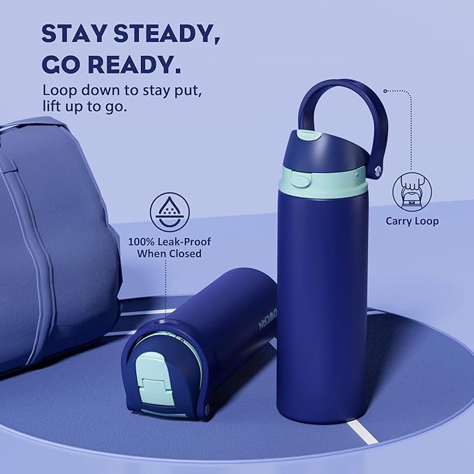 POWCAN 24 oz Insulated Stainless Steel Water Bottle: 2-in-1 Push-Button Spout & Quick-Flip Straw, Leakproof, Cold 24 Hrs, Fits Car Cup Holder, Sports Bottle for Travel, Gym, School Gift (Wit & Wings)
