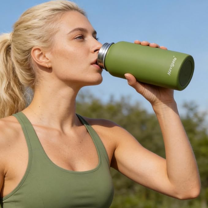 Navigate 40 oz Insulated Stainless Steel Sports Water Bottle with Spout & Handle Lids,Wide Mouth Water Jug with Double Walled Leak Proof Keep Cold for 24 Hrs Hot for 12 Hrs,Dark Green